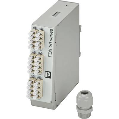 Eine graue Glasfaser-Verteilerdose mit der Bezeichnung 'FDX 20 Serie' mit mehreren Anschlüssen wird neben einer grauen Kabelverschraubung gezeigt.