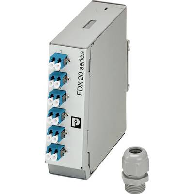 Glasfaser-Patchpanel der Reihe 'FDX 20 Series' mit mehreren Anschlüssen für Kabelverbindungen, begleitet von einem grauen Stecker.