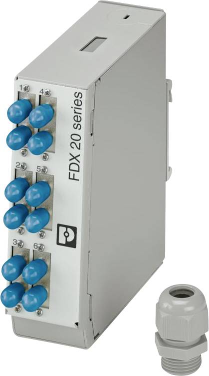 Glasfaser-Kommunikationsmodul mit acht blauen Anschlüssen, die mit "FDX 20 Series" beschriftet sind, einschließlich separatem grauen Verbinder.