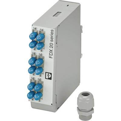 Glasfaser-Kommunikationsmodul mit acht blauen Anschlüssen, die mit "FDX 20 Series" beschriftet sind, einschließlich separatem grauen Verbinder.
