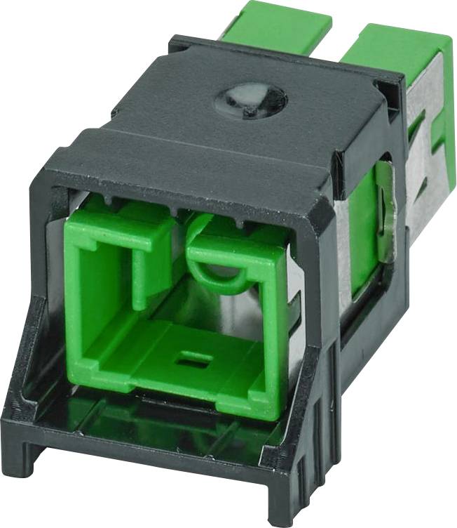 Ein grün-schwarzer Glasfaseradapter mit quadratischem Gehäuse und zwei Anschlussslots, konzipiert für Netzwerkkabelverbindungen.