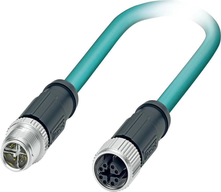 Ein grünes industrielles Ethernet-Kabel mit Metallsteckern an beiden Enden.