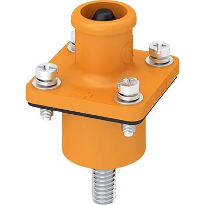 Ein orangefarbener Plastik-Kabelverbinder mit quadratischer Basis und vier Schrauben an den Ecken, der für elektrische Verbindungen verwendet wird.