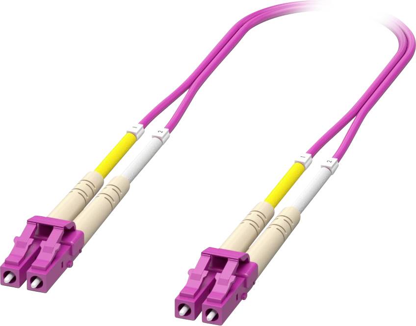 Ein pinker LC-zu-LC-Glasfaserkabel mit Duplexsteckern an beiden Enden, verwendet für Hochgeschwindigkeits-Datenverbindungen.