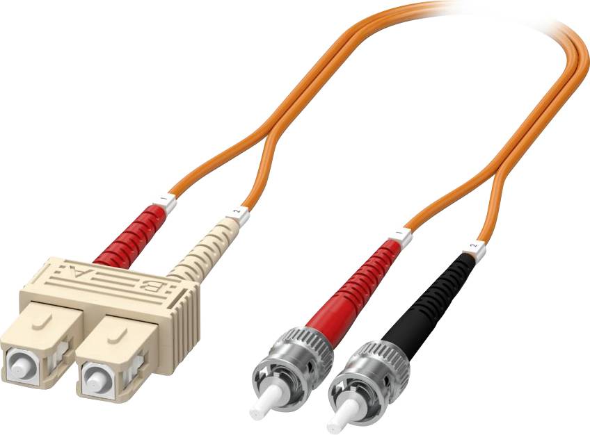 'Orange Glasfaserkabel mit Dual-LC-Steckern auf einer Seite und ST-Steckern auf der anderen Seite, verwendet für hochgeschwindigkeits Datenübertragung.'