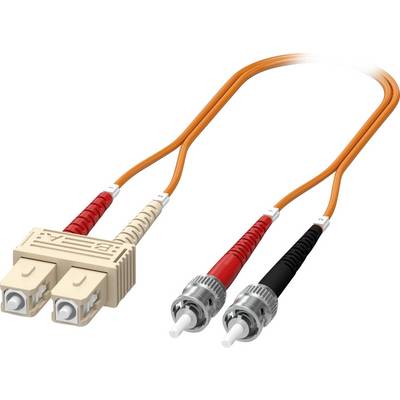 'Orange Glasfaserkabel mit Dual-LC-Steckern auf einer Seite und ST-Steckern auf der anderen Seite, verwendet für hochgeschwindigkeits Datenübertragung.'