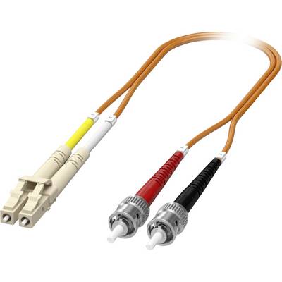 Orangefarbenes Glasfaserkabel mit SC- und LC-Steckern, verwendet für Hochgeschwindigkeits-Datenübertragung in Telekommunikation und Netzwerktechnik.