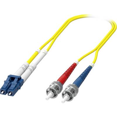 Ein gelbes Glasfaserkabel mit zwei Anschlüssen, einem blauen und einem roten, das für die hochgeschwindigkeits Datenübertragung in Netzwerken verwendet wird.