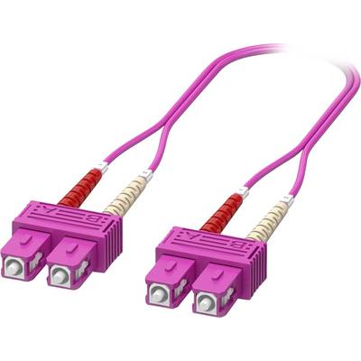Ein pinker Glasfaser-Patchkabel mit LC-Steckern, der für die Datenübertragung in Netzwerkkommunikation verwendet wird, vor einem weißen Hintergrund dargestellt.