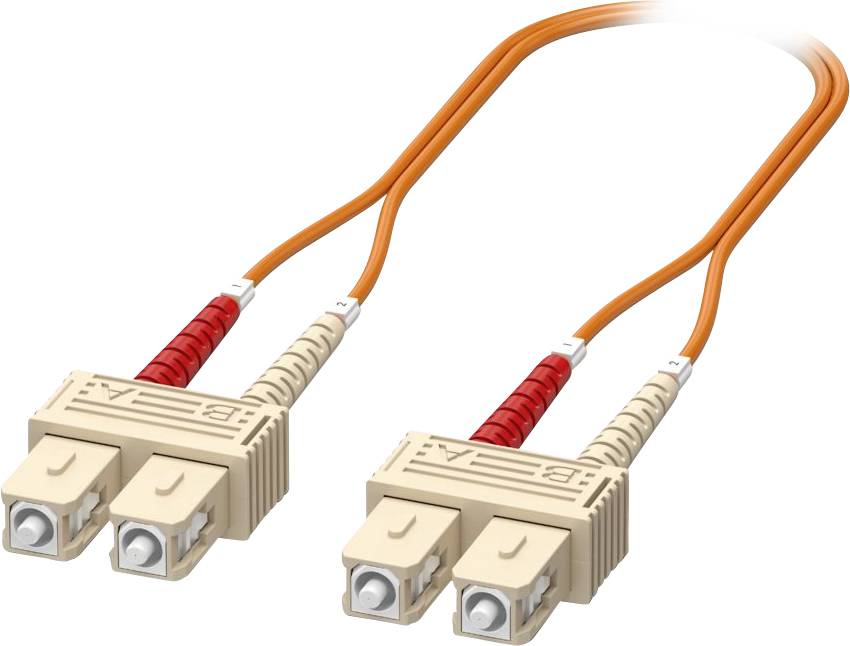 „Bild eines orangefarbenen Glasfaser-Patchkabels mit Doppelsteckern, verwendet für Netzwerk- und Datenkommunikationsanwendungen."