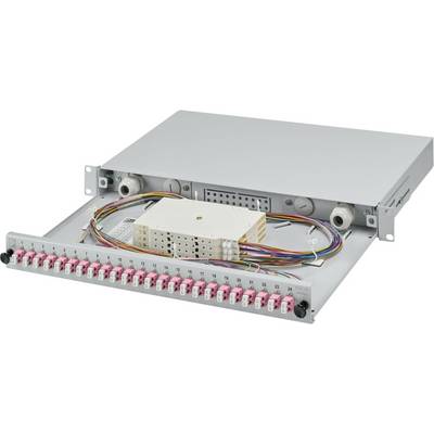 Glasfaser-Netzwerk-Patchpanel mit mehreren farbigen Kabeln, die an nummerierten Anschlüssen angeschlossen sind, verwendet zur Organisation und Weiterleitung von Netzwerkverbindungen.