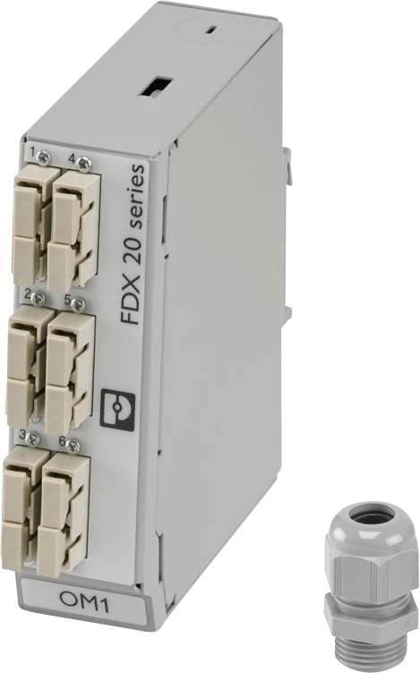Das Bild zeigt ein graues Glasfaser-Patchpanel der Marke 'FDX 20 Serie OM1' mit sechs Anschlüssen und einer Kabelverschraubung.