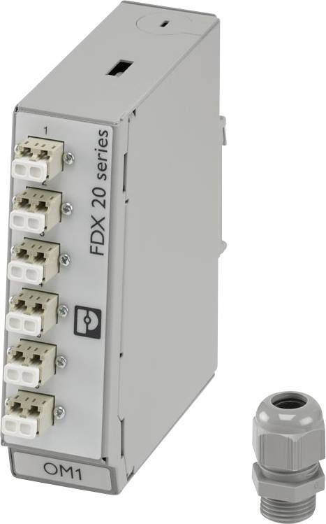 FDX-20-Serie Optikmodul mit vier Glasfaseranschlüssen, beschriftet mit "OM1", neben einem Kabelverschraubungsstutzen.