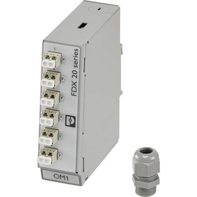 FDX-20-Serie Optikmodul mit vier Glasfaseranschlüssen, beschriftet mit "OM1", neben einem Kabelverschraubungsstutzen.