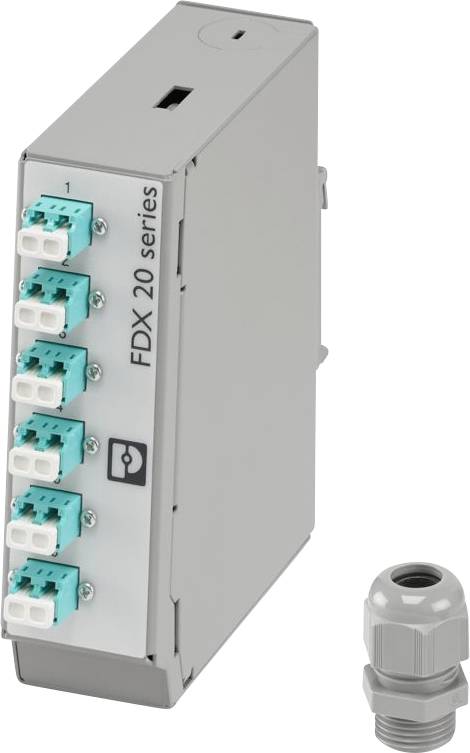 FDX-20-Serie Glasfasermodul mit sechs SC-Anschlüssen, verwendet für Datentransmission in Netzwerksystemen. Inklusive Kabelverschraubung.