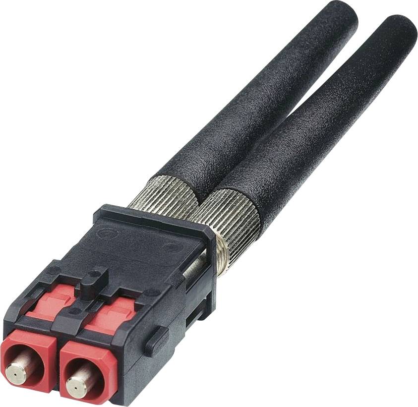Ein Bild eines SC-Duplex-Glasfaseranschlusses mit zwei schwarzen Kabeln und roten Auslösemechanismen, verwendet für Hochgeschwindigkeits-Datenübertragung.