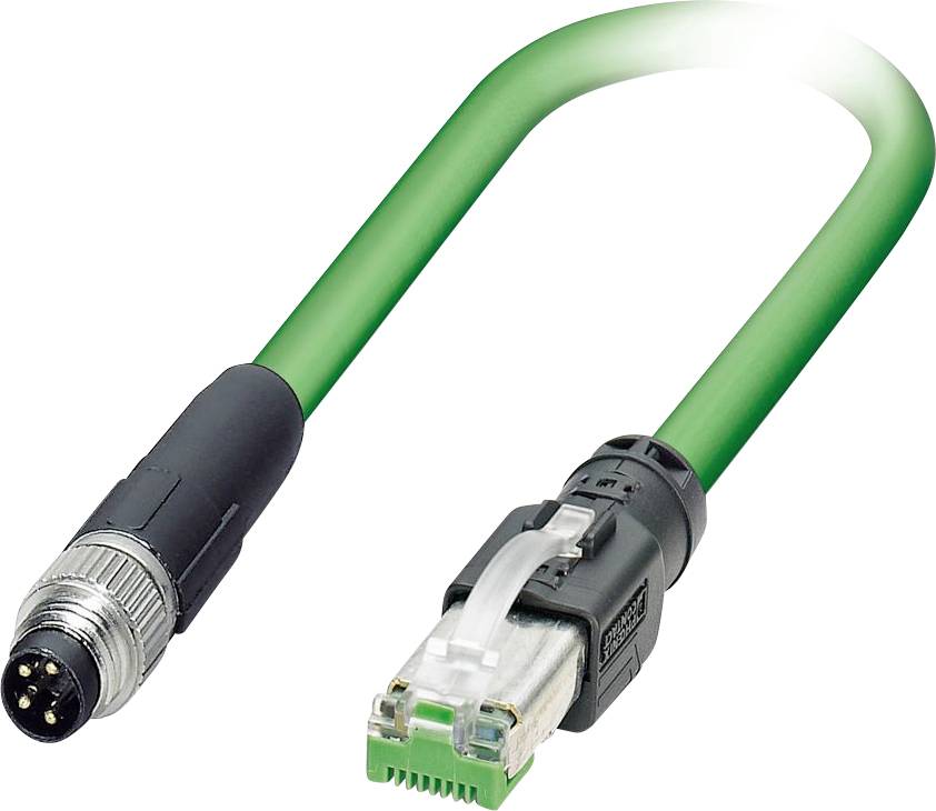 Ein grünes Ethernet-Kabel mit einem metallischen Rundsteckverbinder an einem Ende und einem RJ45-Stecker am anderen Ende, verwendet für industrielle Netzwerktechnik.