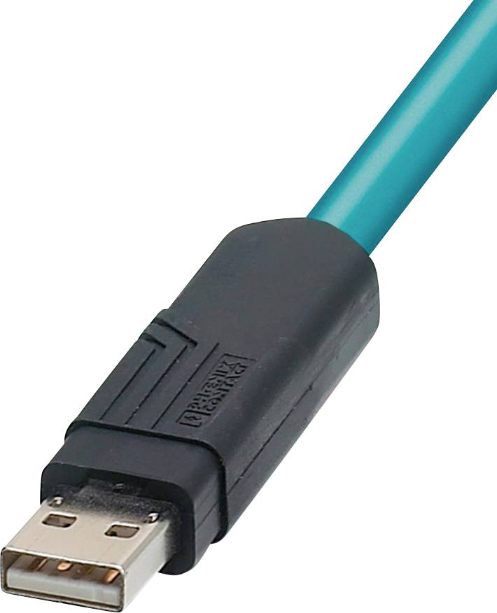 Ein USB-Kabel mit einem türkisfarbenen Draht und schwarzem Anschluss wird vor einem weißen Hintergrund gezeigt.