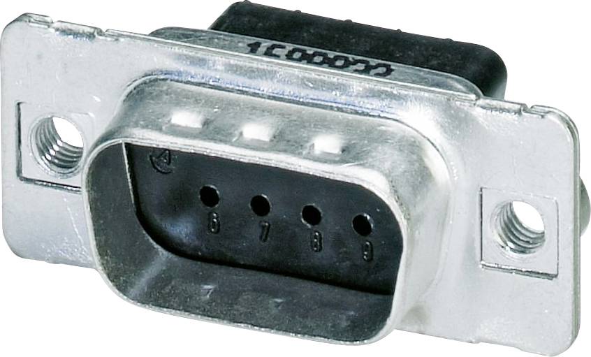 Eine Nahaufnahme eines Metall-D-Sub-Steckverbinders mit fünf sichtbaren Löchern, der zur Datenübertragung zwischen elektronischen Geräten verwendet wird.