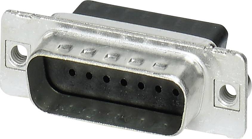 Ein neunpoliger D-Sub-Steckverbinder mit Metallrahmen, der typischerweise für serielle Anschlüsse auf älteren Computersystemen und Geräten verwendet wurde.
