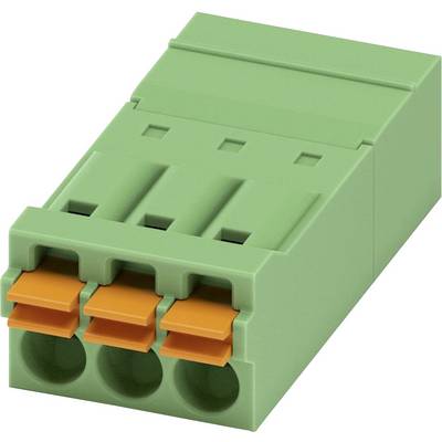 Ein grüner dreipöliger Elektroanschlussblock mit orangefarbenen Hebeln, verwendet zum Anschluss von Drähten in Stromkreisen.