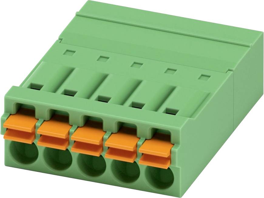 Ein grüner Terminalblock-Anschluss mit fünf Steckplätzen und orangefarbenen Hebeln, der für elektrische Verkabelung verwendet wird.