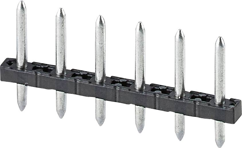 Ein sechspoliger Stiftleisten-Stecker mit Metallstiften und einer schwarzen Kunststoffbasis, der typischerweise zum Verbinden von elektronischen Komponenten oder Leiterplatten verwendet wird.