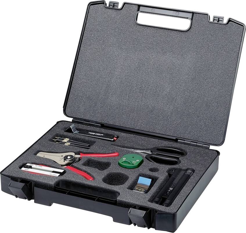 Schwarze Plastikbox geöffnet, die verschiedene Handwerkzeuge enthält, darunter Zangen, einen Schraubendreher, Schere und Maßband, in Schaumstoffeinlagen organisiert.