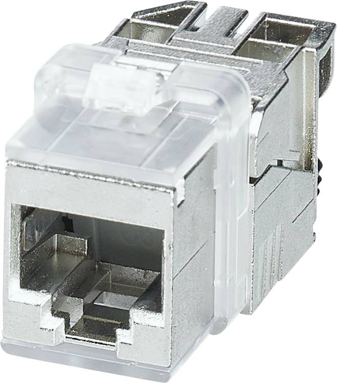 Ein Metall-Keystone-Jack mit einer transparenten Kunststoffabdeckung, konzipiert für Netzwerkkabelanschlüsse, der typischerweise in Ethernet-Installationen verwendet wird.