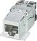 Ein metallischer RJ45-Stecker, geeignet für Ethernet-Kabel, mit einem transparenten Klemmenmechanismus für sichere und zuverlässige Verbindungen.