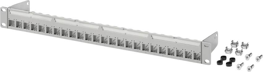Ein grauer 24-Port-Patch-Panel ohne Bestückung mit nummerierten Steckplätzen, für die Rackmontage, zusammen mit Schrauben und Kabelverwaltungsklammern dargestellt.