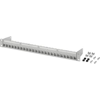 Ein grauer 24-Port-Patch-Panel ohne Bestückung mit nummerierten Steckplätzen, für die Rackmontage, zusammen mit Schrauben und Kabelverwaltungsklammern dargestellt.