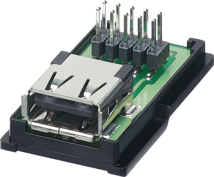 USB-Buchse auf einer Leiterplatte, mit sechs freiliegenden Pins und Metallgehäuse, zur Verbindung von Geräten.