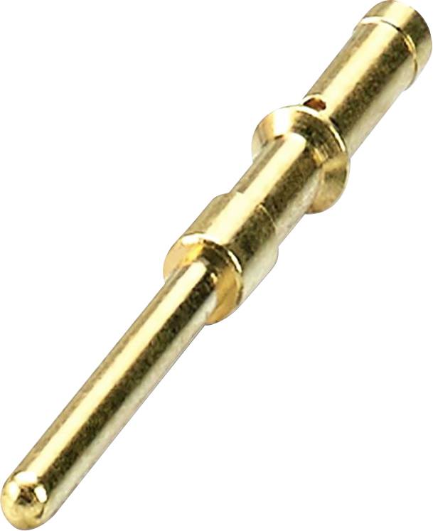Ein goldener, zylindrischer elektrischer Kontaktstift mit Rillen und glatten Enden, der üblicherweise in Steckverbindern für elektronische Geräte verwendet wird.