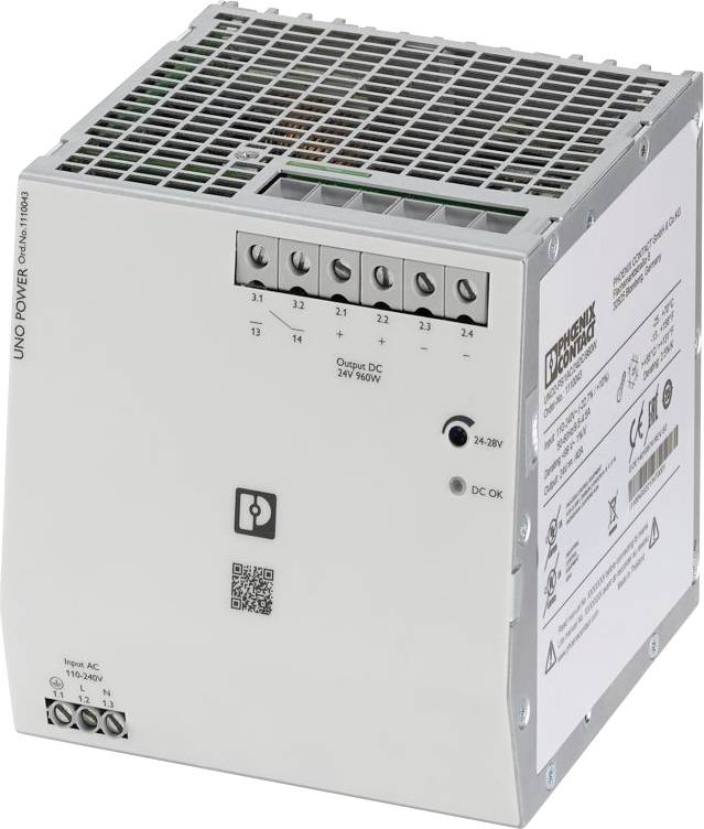Netzteil mit AC-Eingangsindikatoren, sechs beschrifteten Ausgangsklemmen, Spannungswahlschalter und QR-Code. Modelldetails auf dem Seitenpanel.