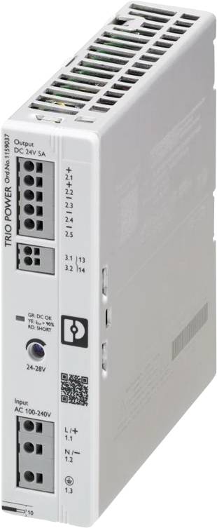 Graues Netzteil des Modells 'TRIO POWER', Modellinformationen auf der Seite, Eingangsspannung: AC 100-240V, Ausgangsspannung: DC 24V 5A, mehrere Anschlussports sichtbar.