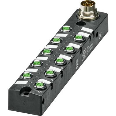 Schwarzes zylindrisches elektronisches Gerät mit nummerierten grünen und silbernen Steckern, die in zwei Reihen angeordnet sind und an einem Ende einen kreisförmigen Anschluss aufweisen.