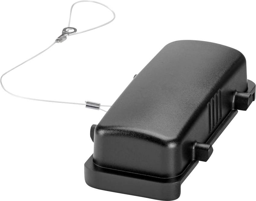Ein kleines schwarzes elektronisches Gerät mit einer Schutzabdeckung, das an einer Metalldrahtschlaufe mit einem Befestigungsmechanismus angebracht ist und zu Sicherheitszwecken verwendet wird.