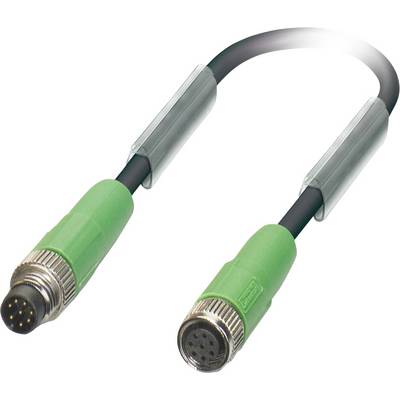 Ein grünes industrielles Kabel mit Metallsteckverbindern an beiden Enden, das zur Datenübertragung oder Stromversorgung in Automatisierungssystemen verwendet wird.