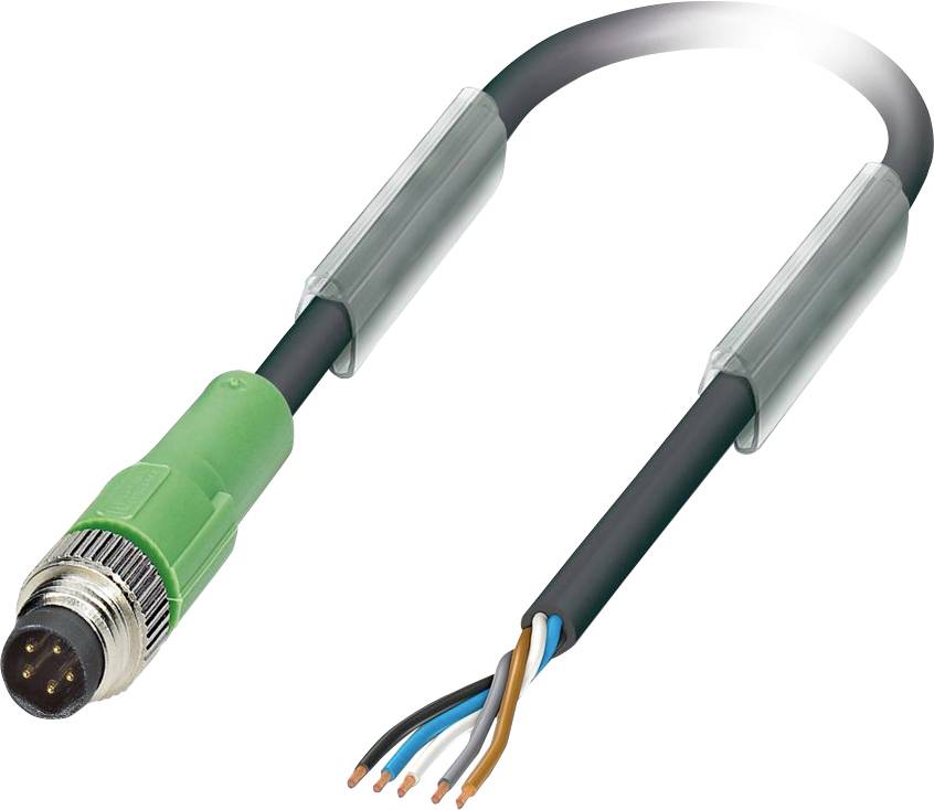 Ein schwarzes Kabel mit einem grünen Stecker und freiliegenden farbigen Leitern an einem Ende, das üblicherweise für industrielle oder elektronische Anwendungen verwendet wird.