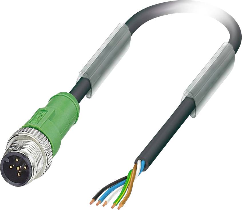 Ein grüner elektrischer Verbinder mit freiliegenden farbigen Kabeln ist zu sehen. Die Kabel haben verschiedene Farben: blau, weiß, braun, schwarz und orange.