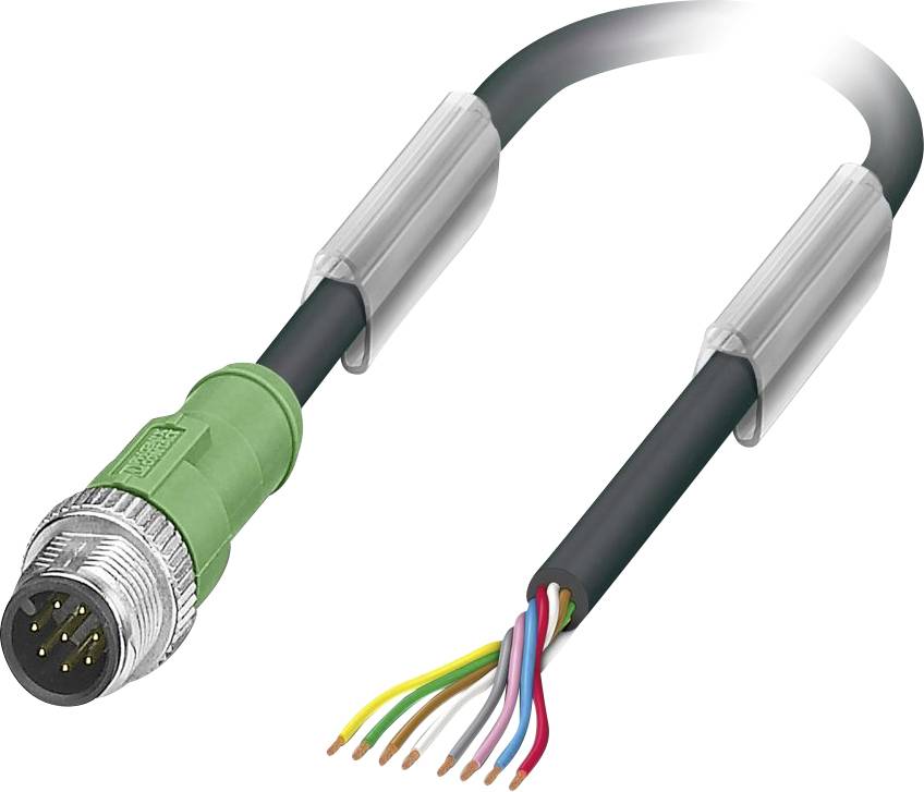 Ein schwarzes Kabel mit einem grünen Stecker an einem Ende und freigelegten mehrfarbigen Leitungen am anderen Ende, der die elektrische Verbindungsfähigkeit hervorhebt.