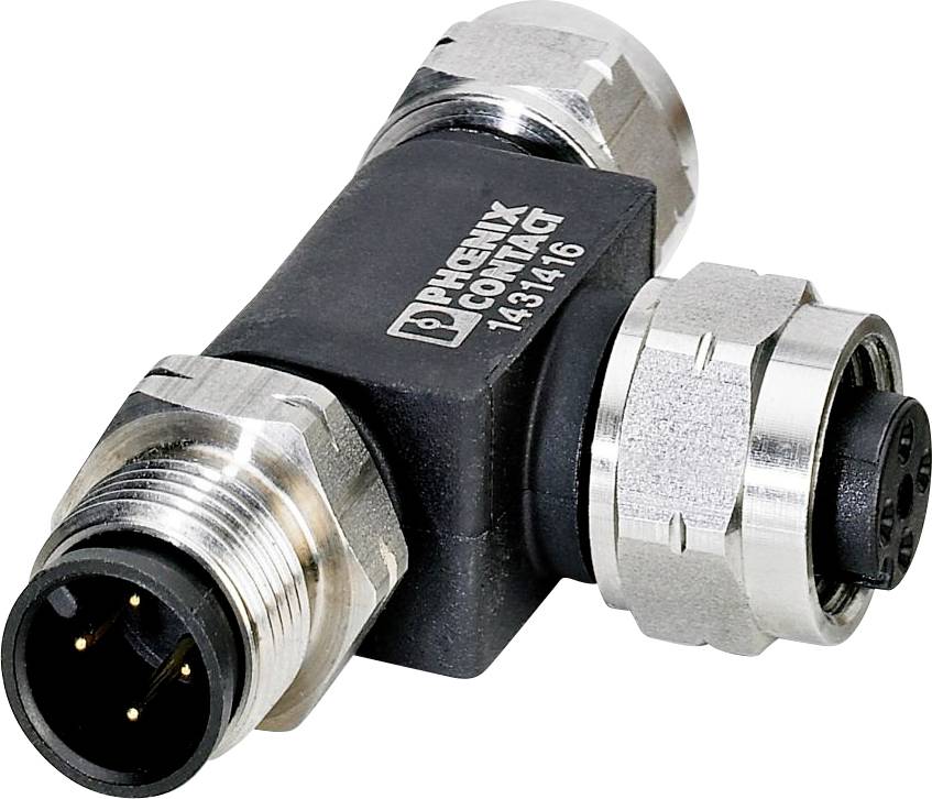 Ein T-förmiger elektrischer Verbinder mit Metallarmaturen, gekennzeichnet mit ‚Phoenix Contact 1433141G', ausgestattet mit männlichen und weiblichen Steckenden.