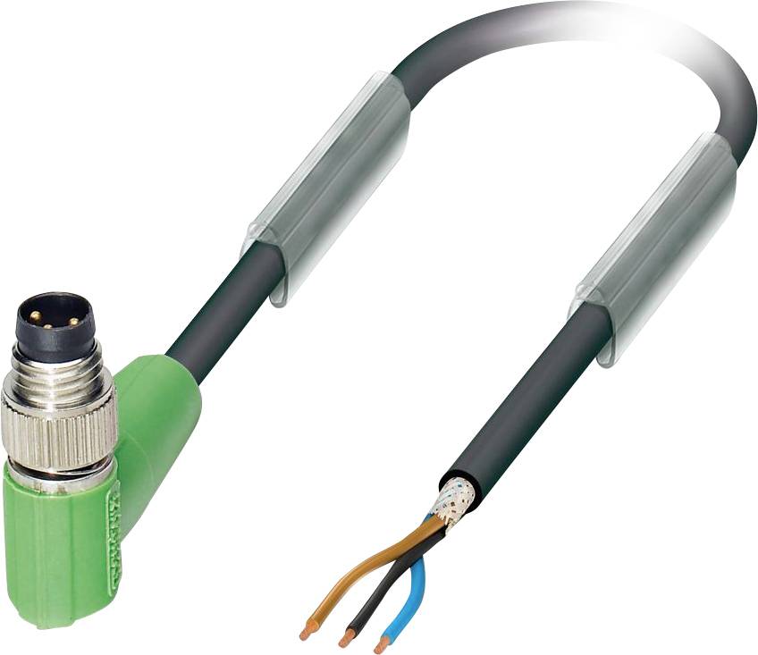 Ein grünes M8-Verbindungskabel mit 90-Grad-Winkel, teilweise entmantelt, um drei Adern freizulegen: blau, braun und schwarz. Geeignet für elektronische Verbindungen.