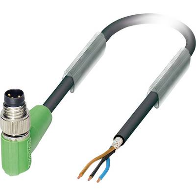 Ein grünes M8-Verbindungskabel mit 90-Grad-Winkel, teilweise entmantelt, um drei Adern freizulegen: blau, braun und schwarz. Geeignet für elektronische Verbindungen.