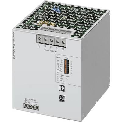 'QUINT POWER' Netzgerät zum Umwandeln von Wechsel- in Gleichstrom mit Eingabe- und Ausgabeanschlüssen, Statusanzeigen und Lüftungsgitter oben, verwendet für elektrische Geräte.