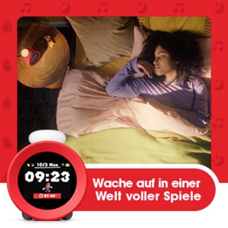 Eine Person schläft in einem Bett, daneben ein roter Wecker mit der Anzeige '09:23'. Text: 'Wache auf in einer Welt voller Spiele'.