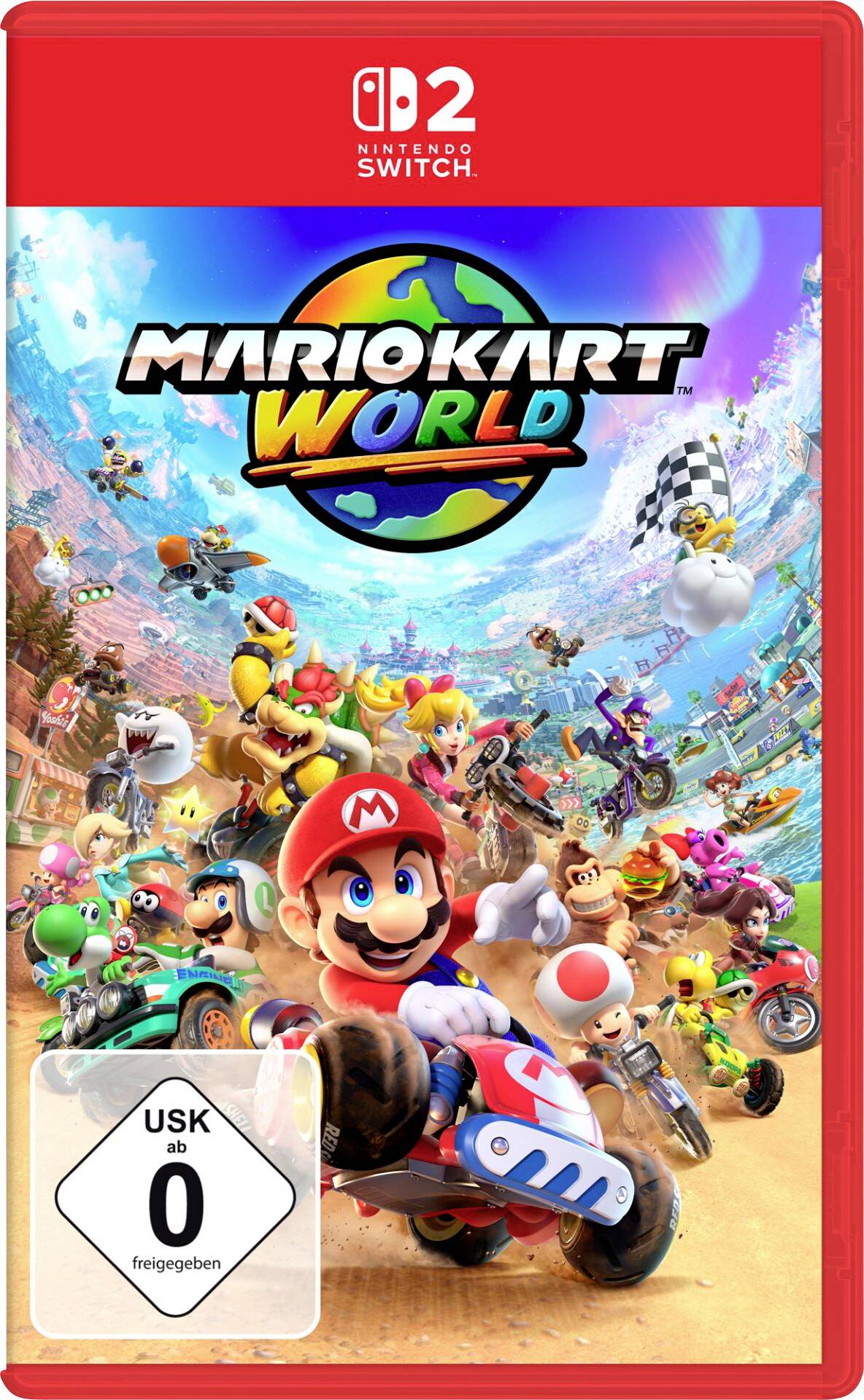 Ein farbenfrohes Videospiel-Cover für ‚Mario Kart World' auf Nintendo Switch, das Mario in einem Rennwagen zeigt, umgeben von anderen Charakteren in einer Rennszene.