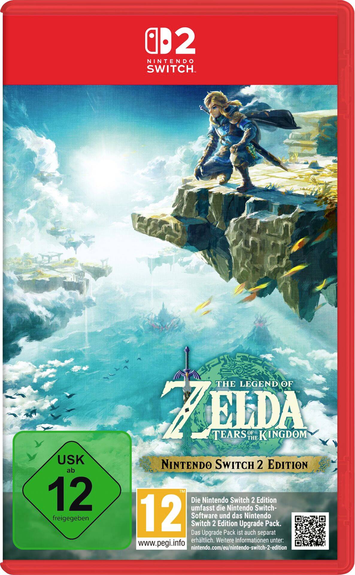 "The Legend of Zelda: Tears of the Kingdom" für Nintendo Switch. Zeigt eine Figur, die von einer Klippe aus eine weite, wolkengefüllte Landschaft überblickt.