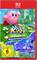 Titelseite von 'Kirby und das vergessene Land' Nintendo Switch-Spiel, mit Kirby in einer bunten Landschaft mit Blumen, einer Stadt und einem Fluss. Altersfreigabe USK 6.